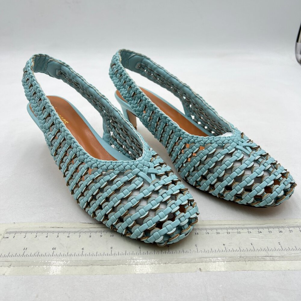 Wo Wagas Blue Slingback Strap Square Toe Pumps Slip On Kitten Heel Woven Sandals - Picture 4 of 8